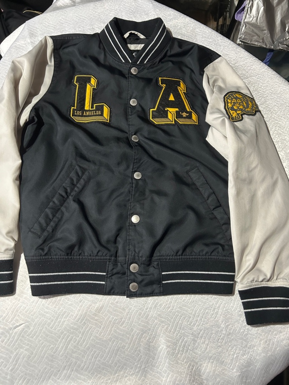 Hollister Black Body Varsity Jacket with White Sleeves & Yellow Patches